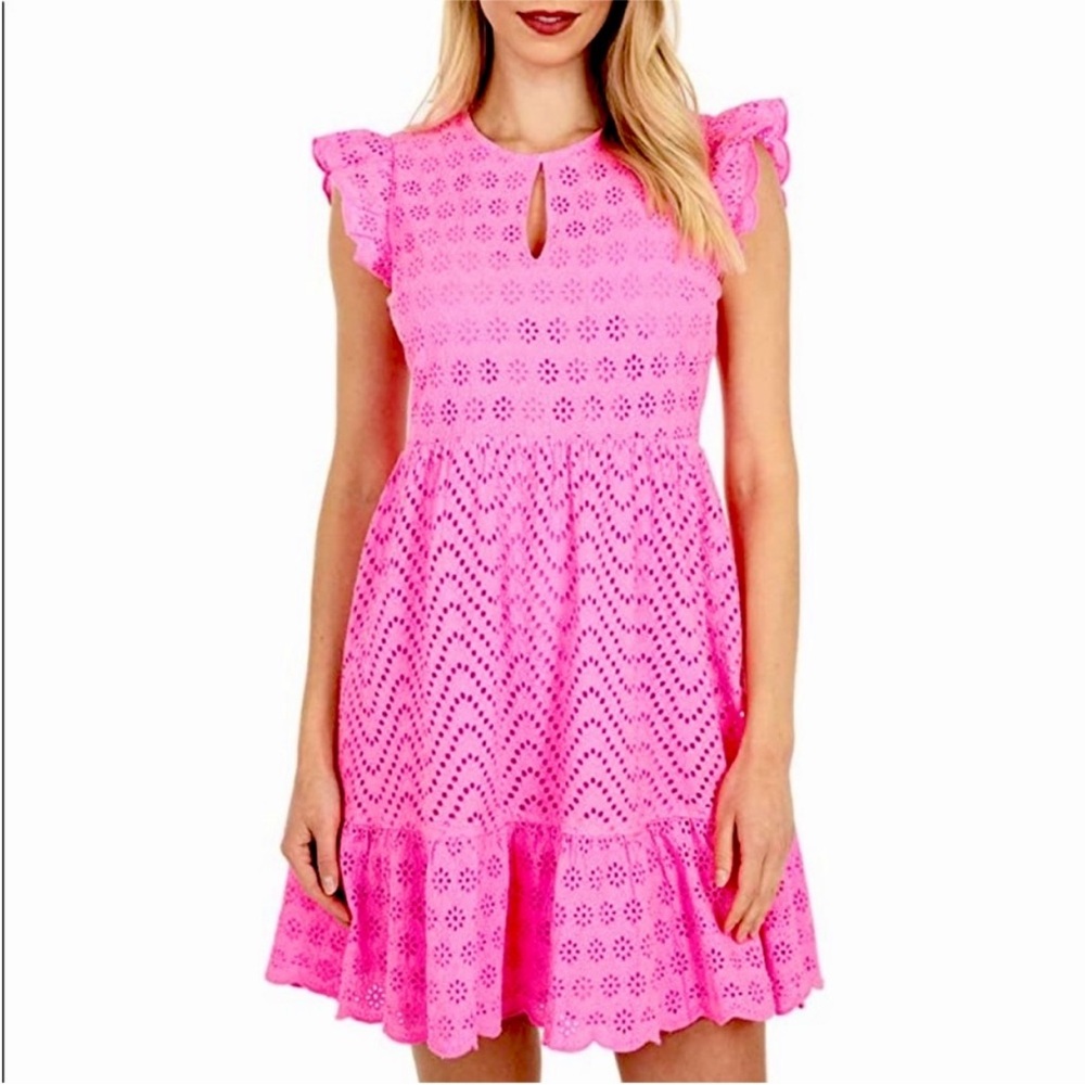 Vineyard Vines Neon Pink Eyelet Allamanda Cottagecore Barbie Ruffle Dress Size 4